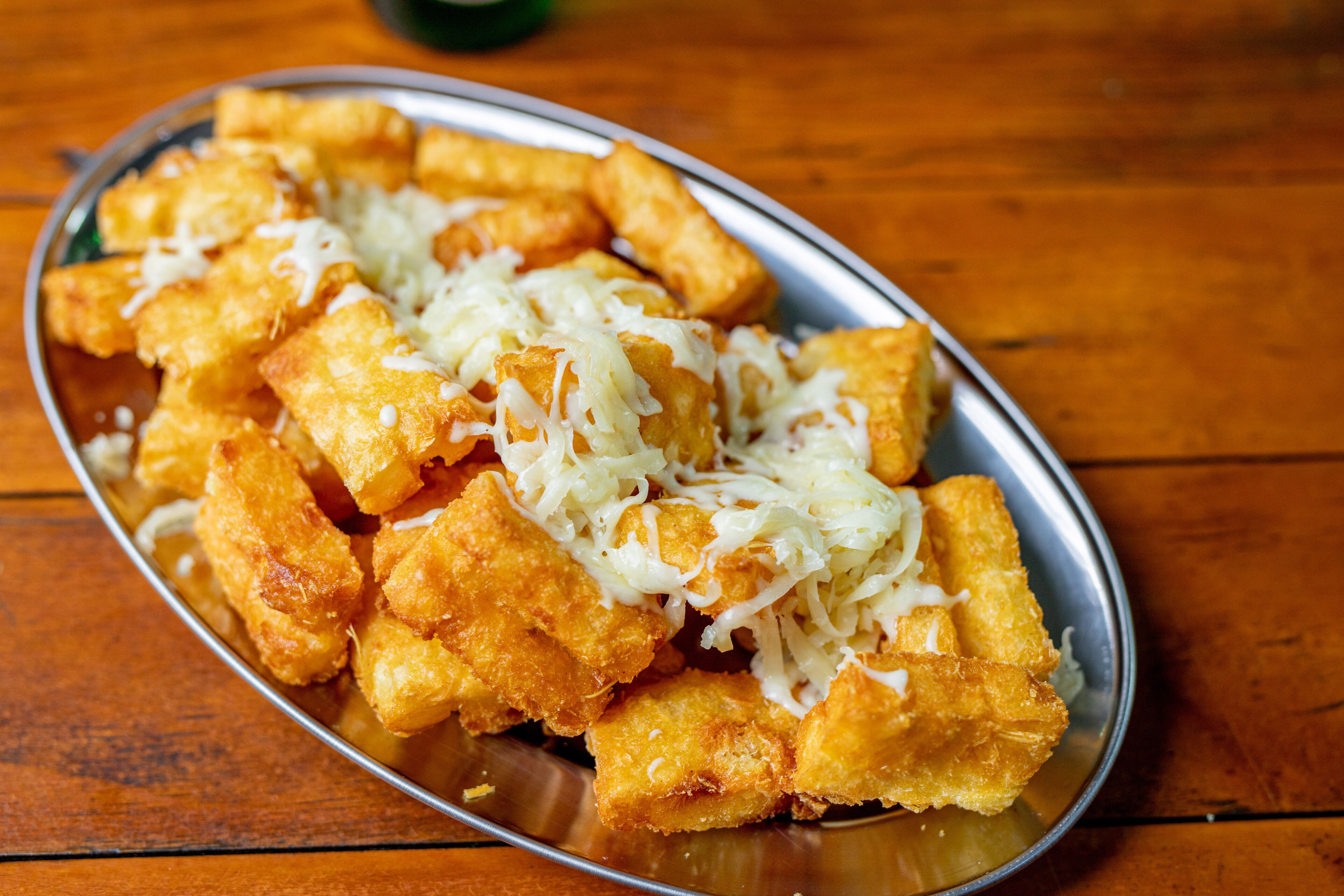 Un plato de comida frita con cobertura deshebrada.