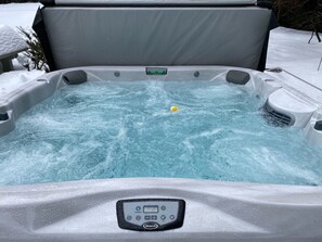 Relax in a hot tub surrounded by serene winter scenery.