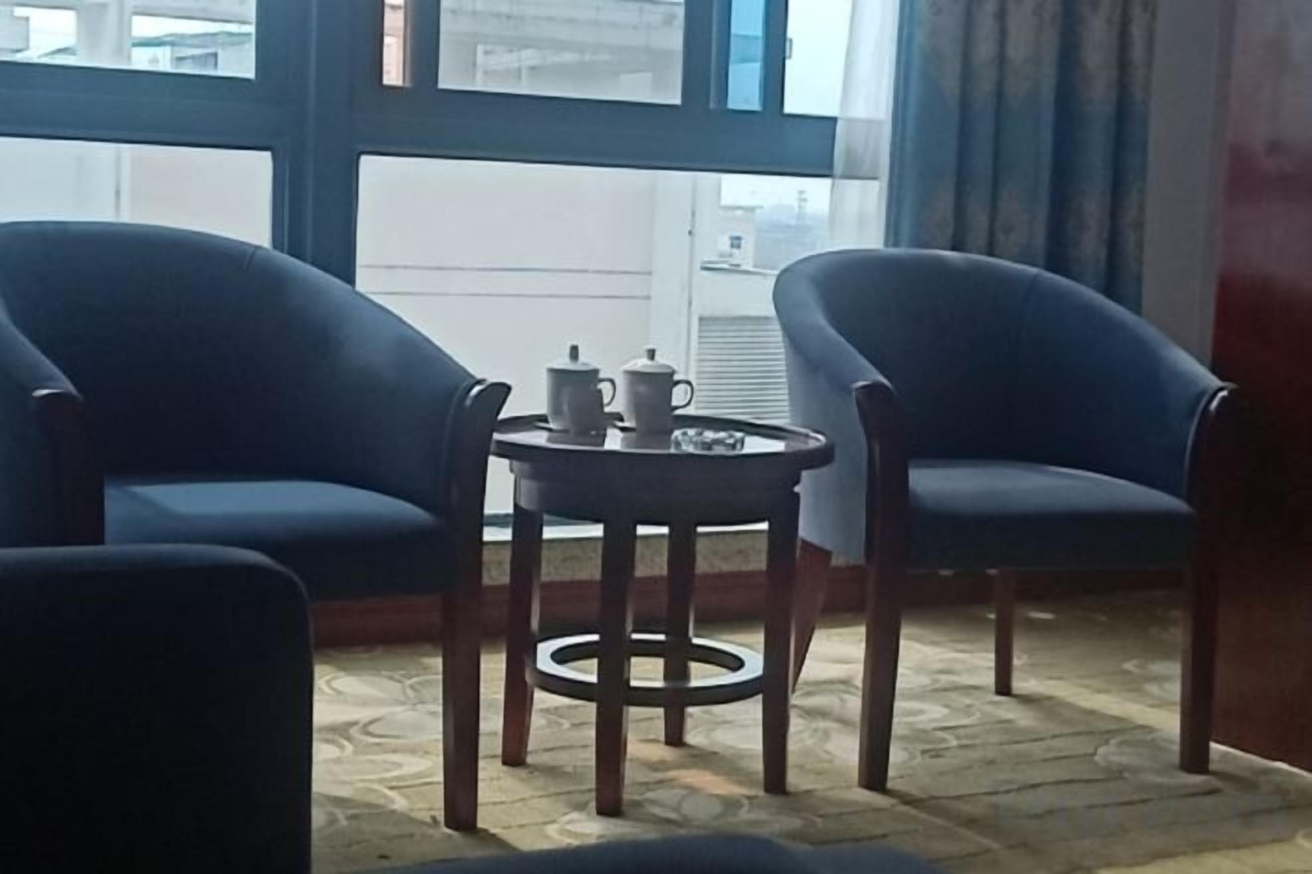 Een kamer met twee blauwe fauteuils, een klein rond tafeltje met theepot en kopje, en uitzicht door grote ramen.