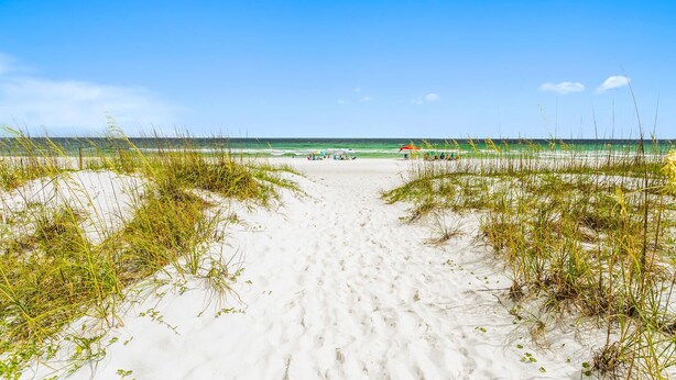 A sandy beach path leading to the ocean with beach umbrellas and people in the distance.