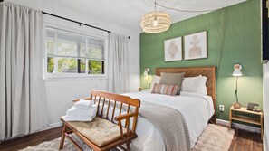 2 bedrooms, memory foam beds, desk, iron/ironing board