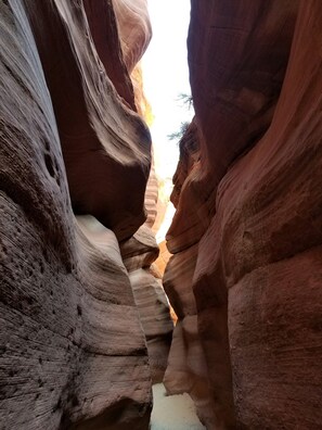 Eine schmale Schlucht mit glatten Felswänden und einem sichtbaren Bach am Grund.