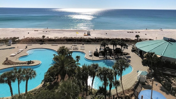 Ein Poolbereich mit Palmen, einem Strand und freiem Blick auf das Meer.