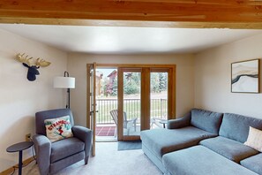 TV, caminetto, lettore DVD, libri