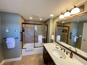 Combined shower/tub, hair dryer, towels, soap