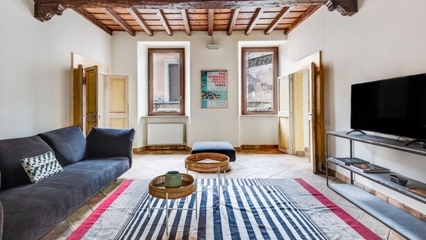 Un salon avec un canapé, un téléviseur, un tapis à motifs et une affiche accrochée au mur.