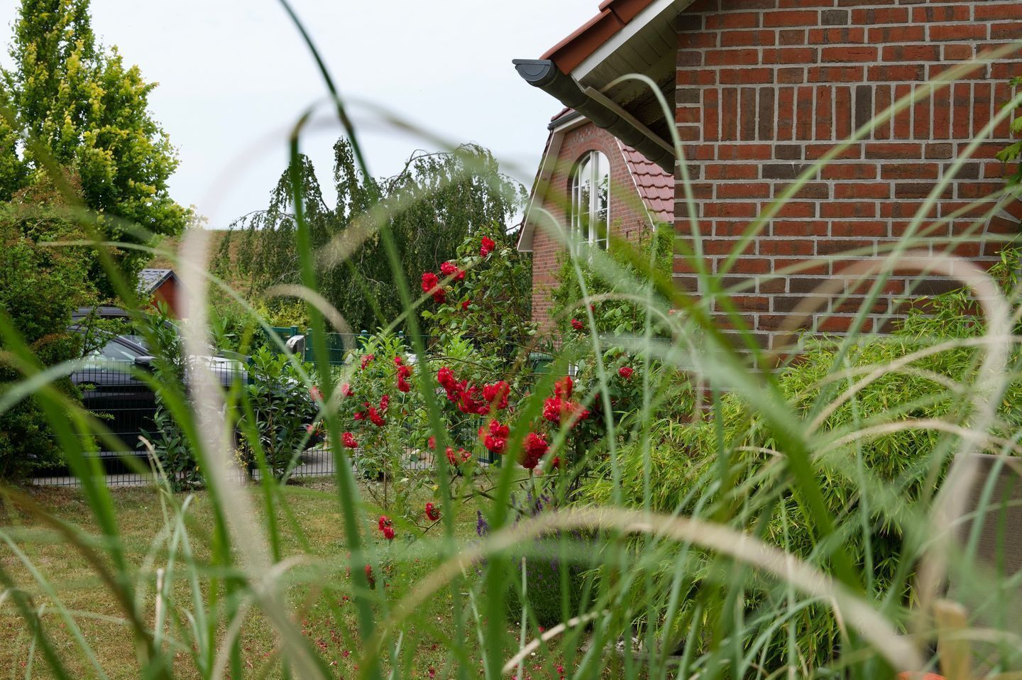 Ein Gebäude aus Ziegelsteinen mit rotem Dach, einem sichtbaren Fenster und einem Garten mit roten Blumen.