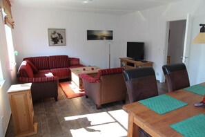 TV, fireplace, DVD player, stereo - Sonnberger - Dog-friendly 110sqm vacation home for 5-6 pers. with garden + fireplace (Krummhörn)