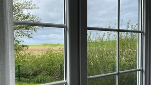Una ventana con vistas a un paisaje rural, con campos y árboles.