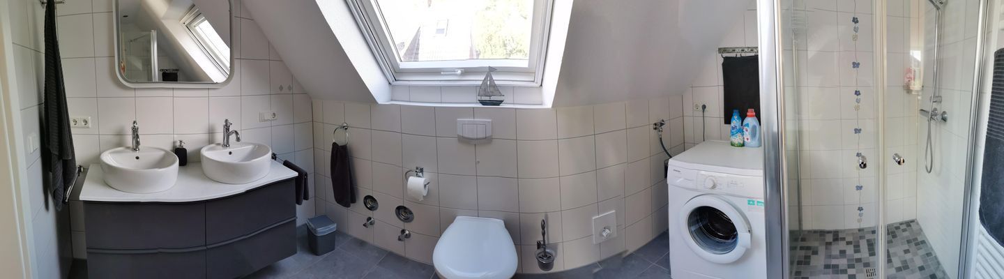 A compact bathroom with two sinks, a toilet, a washing machine, and a skylight.