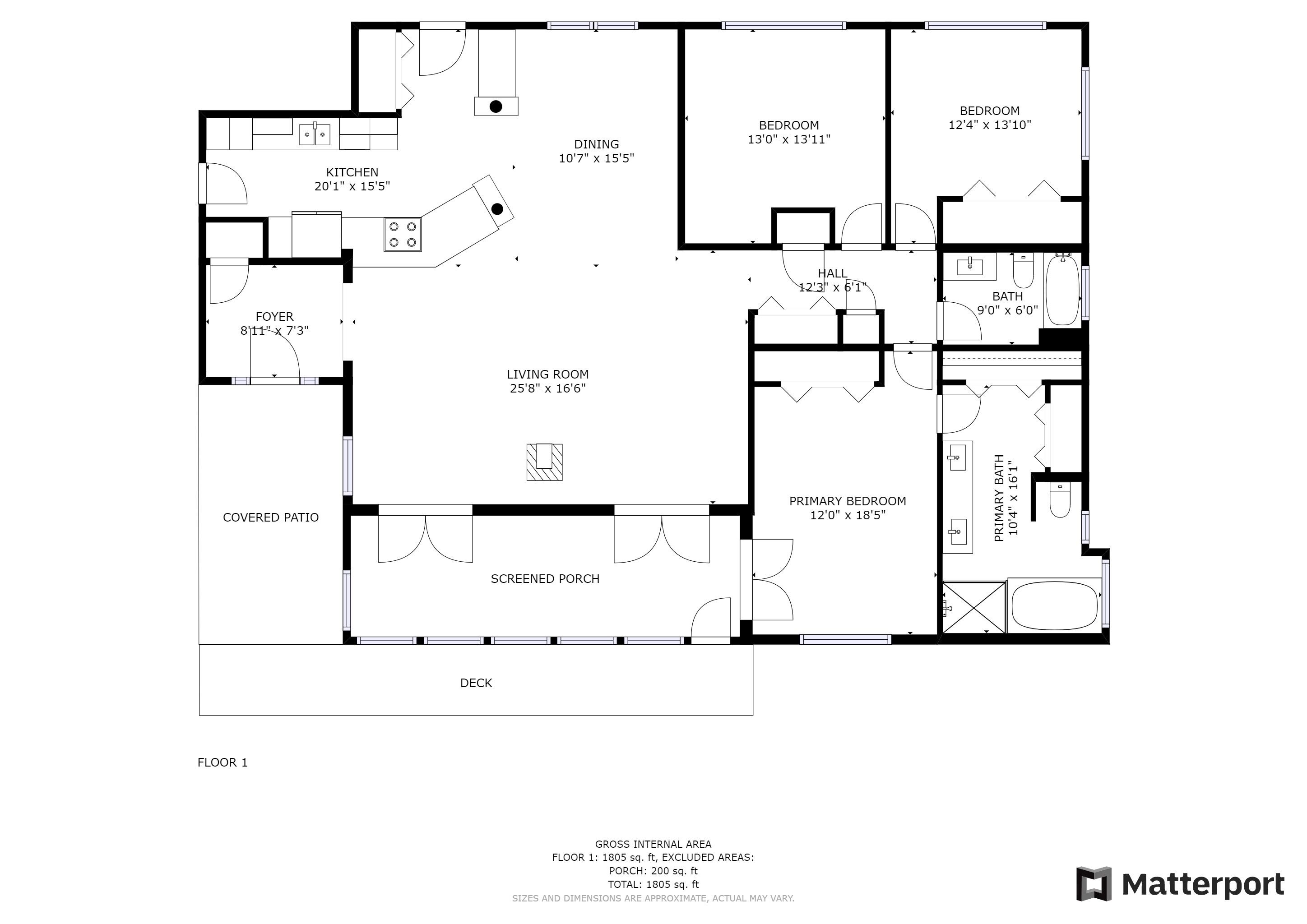 A floor plan of a house with a covered patio, screened porch, kitchen, dining area, living room, two bedrooms, a bathroom, and a foyer.