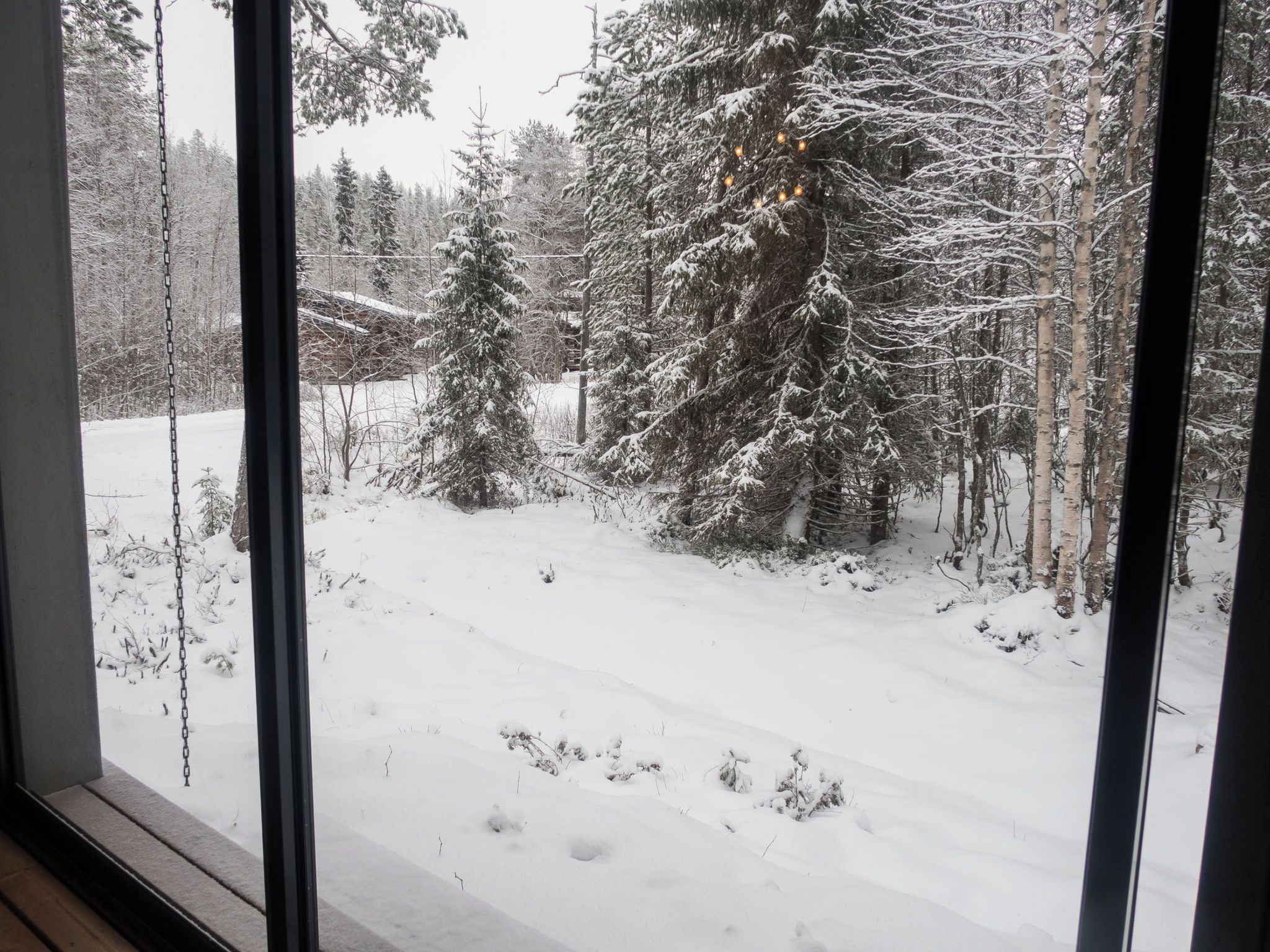 Un paysage enneigé vu à travers une fenêtre, avec des arbres sans feuilles et un sol recouvert de neige.