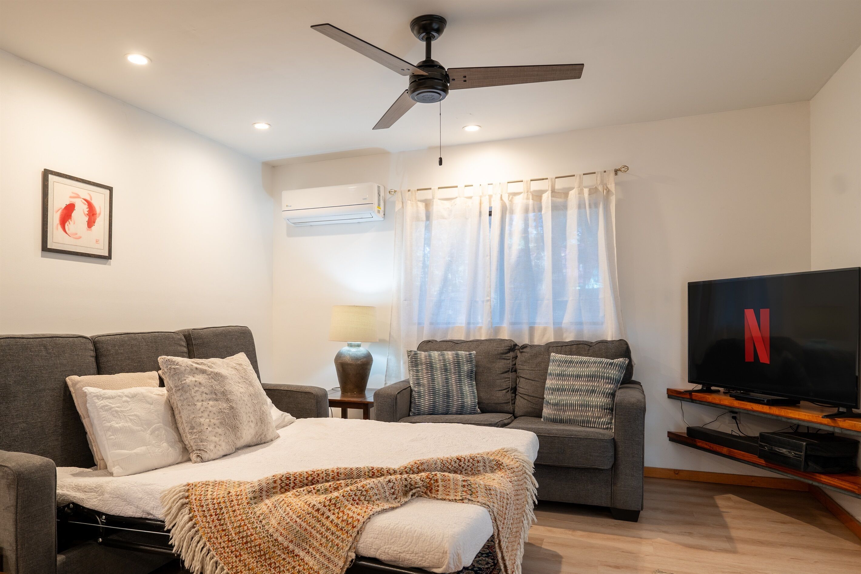 A modern living room with a sofa, a bed, a TV, and a ceiling fan.
