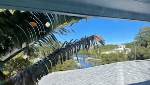 Vista desde una ventana sobre agua, palmeras y un edificio blanco con tejado de baldosas.