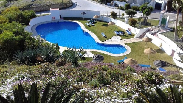 Une piscine entourée d’un jardin aménagé, avec des chaises longues et un petit pont.