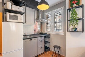 Frigorífico, microondas, horno y placa de cocina