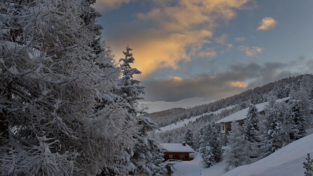 A snow-covered landscape with a cabin and trees. - Apartment Stefano 2 with Mountain View, Wi-Fi & Garden (Livigno)
