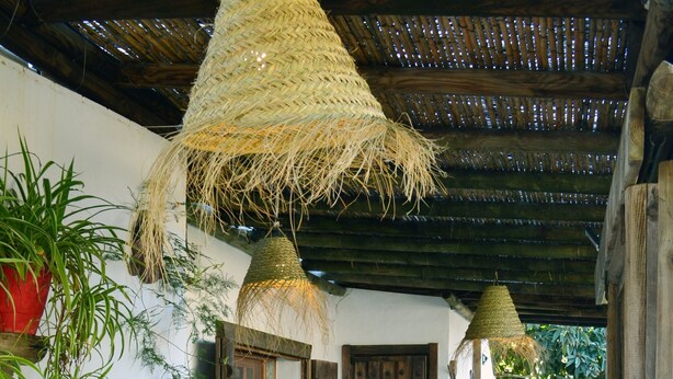 A covered outdoor seating area with a sofa, potted plants, and hanging lamps.