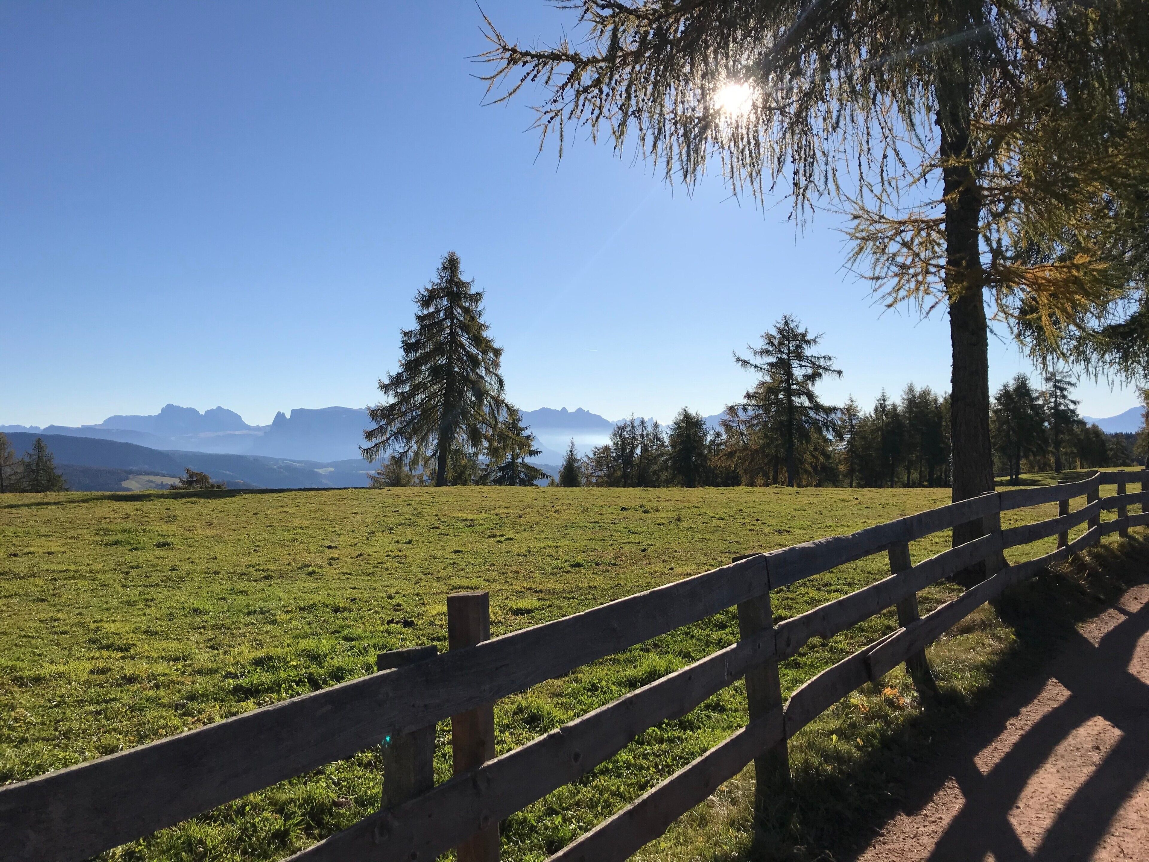 A rural landscape with a wooden fence, a grassy field, and a backdrop of mountains.