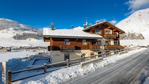 A chalet-style building with a wooden facade, balconies, and a snow-covered roof. - Chalet Betty Apartment Sgembro with Mountain View (Livigno)