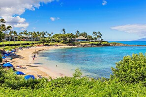 Un complexe hôtelier de bord de mer avec une eau turquoise cristalline, des palmiers et une variété de parasols de plage.