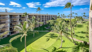 A hotel with multiple floors, outdoor seating areas, and a well-maintained lawn with palm trees.