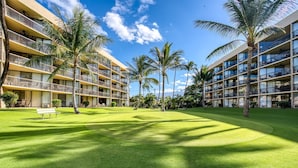 A hotel with multiple balconies, a well-maintained lawn, and palm trees.