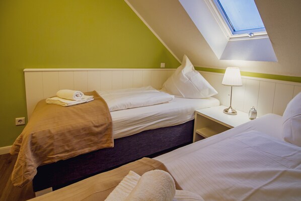 A room with two beds, a skylight, a bedside lamp, and a small table.