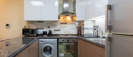 Fridge, microwave, stovetop, electric kettle