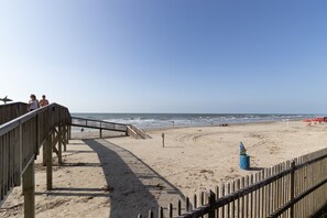 On the beach, sun-loungers, beach towels