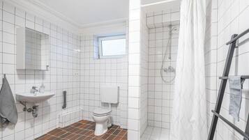 Shower, rainfall showerhead, hair dryer, towels