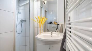 Ducha, cabezal de ducha tipo lluvia, secador de pelo, toallas