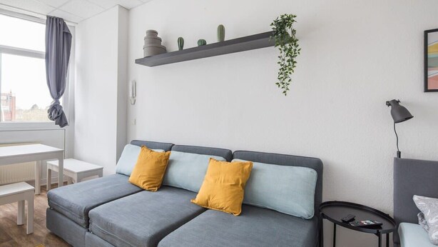 Un salon moderne avec un canapé gris, deux coussins couleur moutarde, une petite table d’appoint, une lampe noire et une étagère avec des plantes.