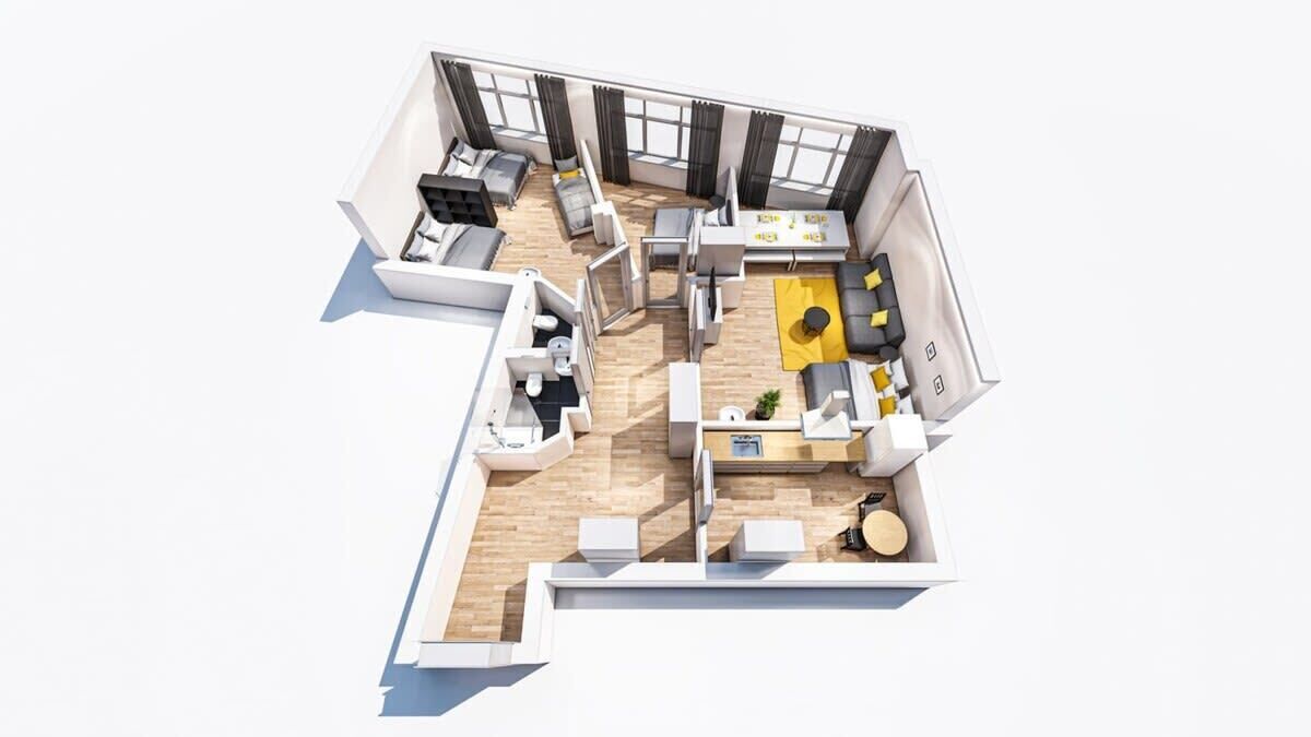 A modern apartment layout with a living area, kitchen, dining space, and a small balcony.