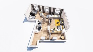 En moderne lejlighedsplan med opholdsstue, køkken, spiseplads og en lille balkon.
