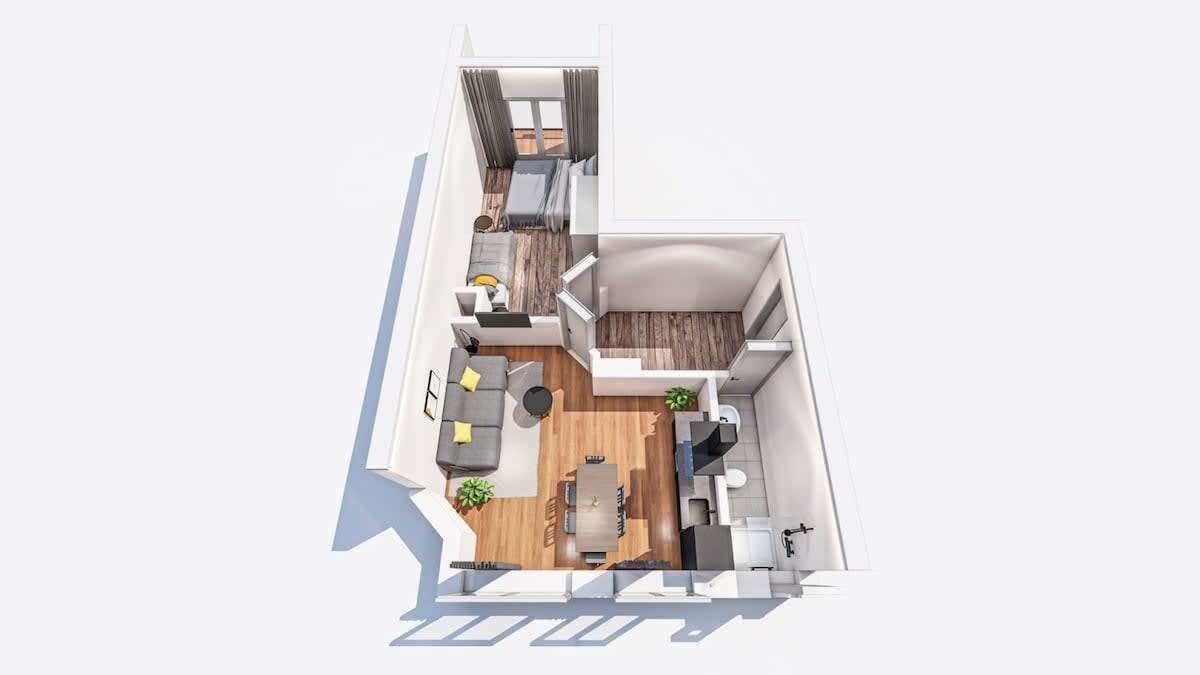 A 3D floor plan of a modern apartment with a living room, dining area, kitchen, and a small balcony.