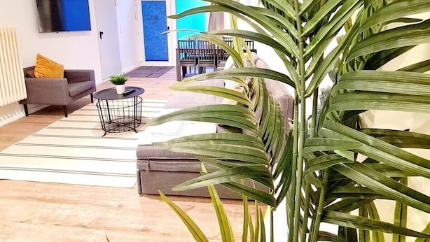 A modern living room with a large plant, a grey sofa, a coffee table, and a TV mounted on the wall. - Apartment 1 Hamburg Winterhude (Hamburg)