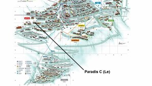 Een gedetailleerd overzicht van een ski-resort met aangeduide gebieden zoals 'Alpe d'Huez 1860 m' en 'Paradis C (Le)'.
