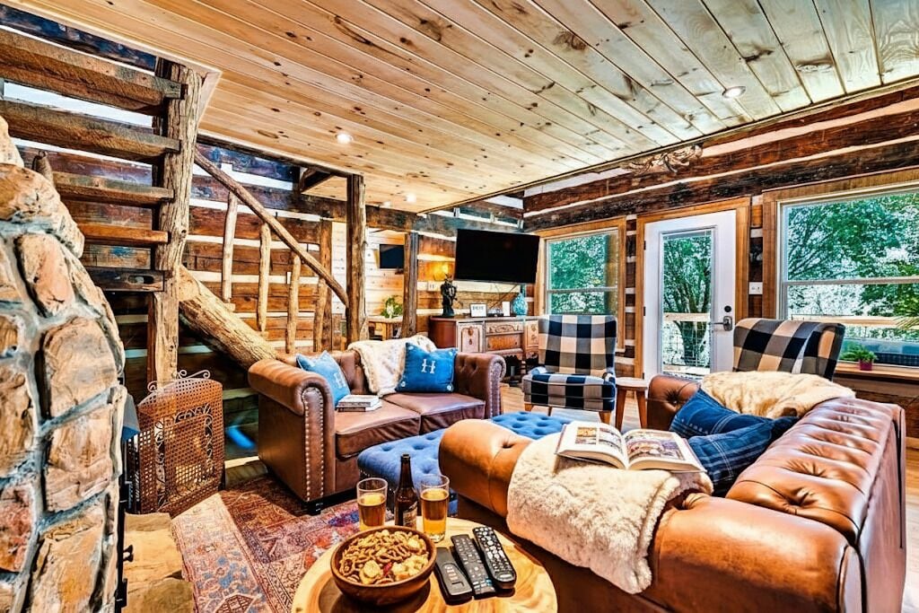 TV, fireplace, table football, books