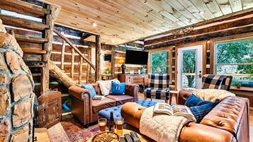 TV, fireplace, table football, books