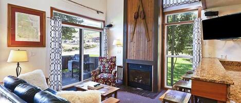 Télévision à écran plat, cheminée, espaces bureaux