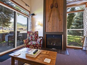 Télévision à écran plat, cheminée, espaces bureaux