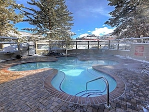 Relax by the pool surrounded by lush trees and a brick pathway.