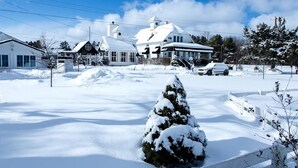 Un paysage enneigé avec une grande maison blanche bien visible, dotée d’une cheminée imposante, un arbre recouvert de neige et un ciel bleu dégagé.