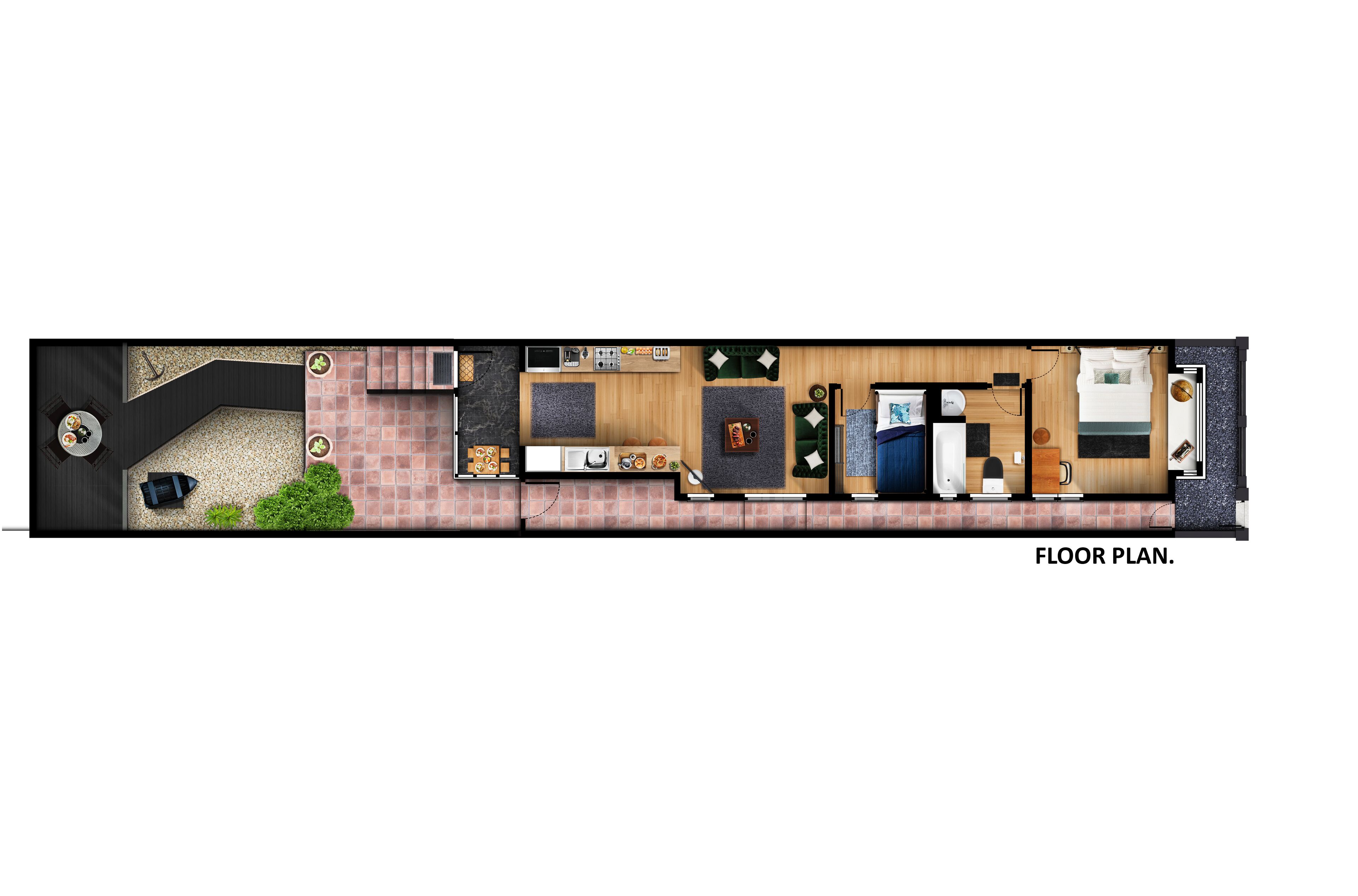 A floor plan of a hotel room with a kitchenette, a bathroom, a seating area, and a small garden space.