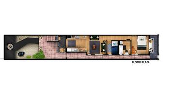 A floor plan of a hotel room with a kitchenette, a bathroom, a seating area, and a small garden space.