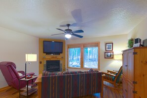 TV, fireplace, DVD player, books