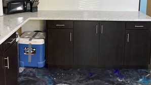 A kitchen with dark cabinets, a microwave, and a blue cooler. - Peaceful, fully renovated home that is solar powered!   (Rincon)