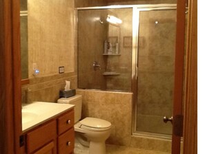 Shower, jetted bath, hair dryer, towels