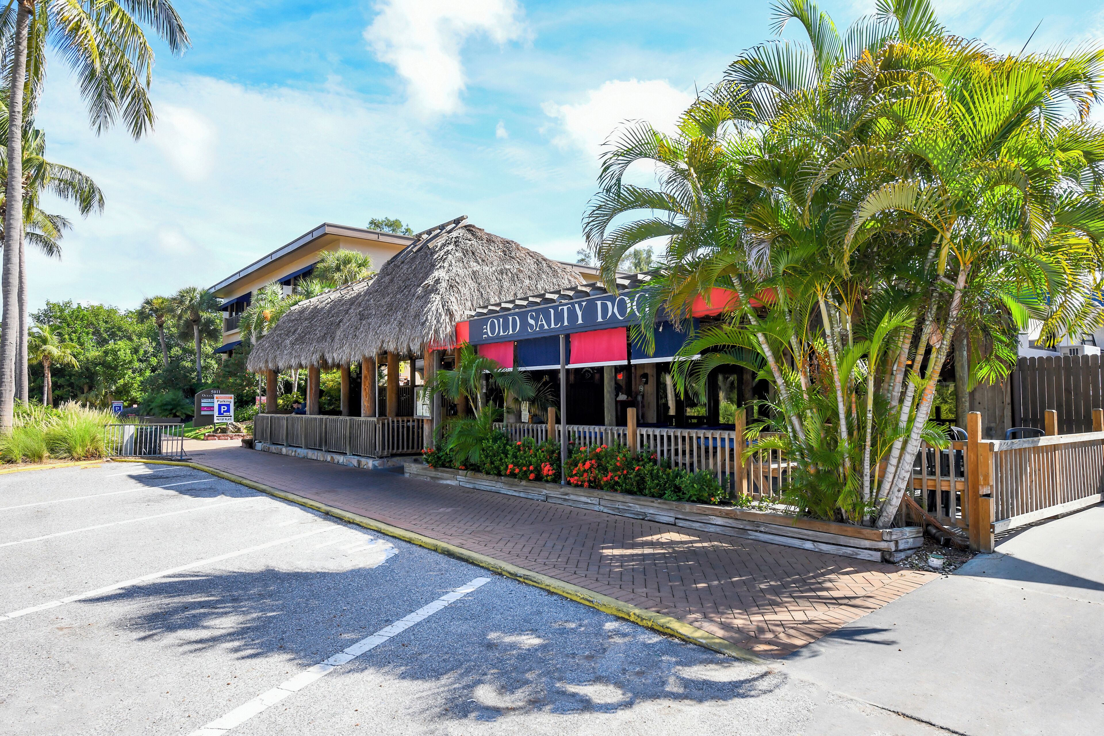 A restaurant named "Old Salty Dog" with a thatched roof, surrounded by lush greenery and a paved walkway.